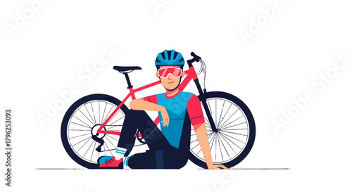 Cyclist Relaxing Next to His Bicycle: Graphic Illustration Against a Black Backdrop