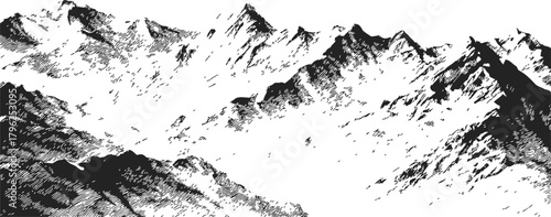 Mountain range sketch, hand drawn black and white rugged peaks landscape — stock vector