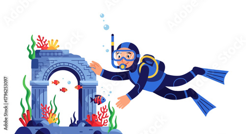 Diver Exploring Underwater Ruins, Beautiful Coral Reefs with Colorful Fish and Bubbles