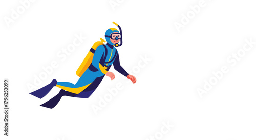 Diver Exploring Underwater World Floating With Complete Diving Equipment In Darkness