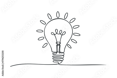 Continuous line drawing of a light bulb with emanating rays