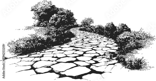 Stone pathway sketch, hand drawn style with bushes and trees — stock vector
