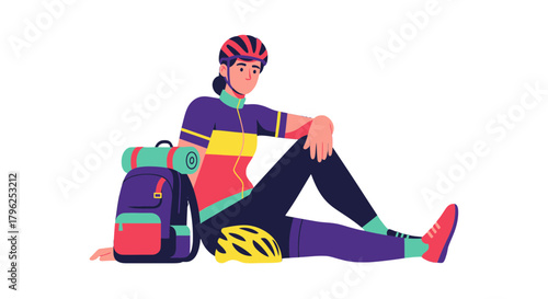 Cyclist Resting After A Long Journey With Backpack And Helmet on Black Background