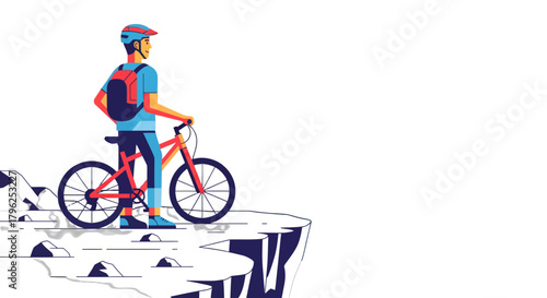 Cyclist Stands At The Cliff Edge Contemplating The Path Ahead On His Bicycle