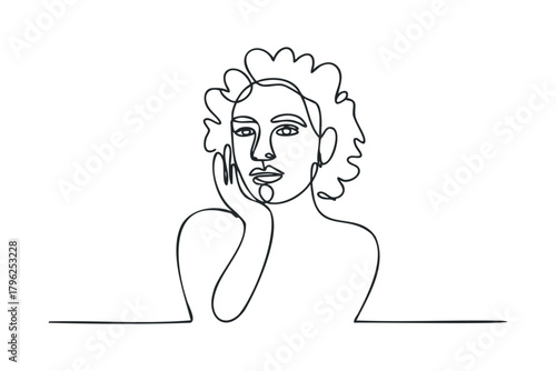 Woman’s face in continuous line drawing with hand touching cheek