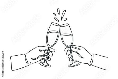 Two hands clinking champagne flutes in continuous line drawing