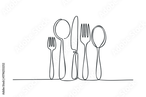 Minimalist continuous line drawing of cutlery set