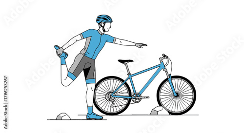 Cyclist Stretching Near Bicycle: Preparation, Sport, And Fitness, For Endurance Or Competition