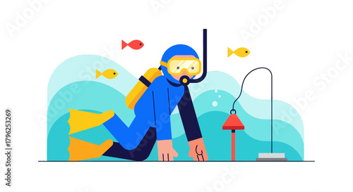 Diver Exploring Underwater World With Fish And Red Buoy Illuminated Design