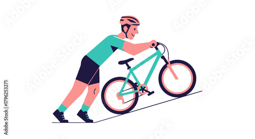 Cyclist Struggles To Climb Steep Hill With Bicycle On Black Background Illustration