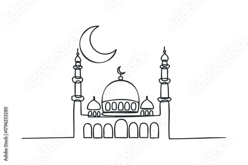 Mosque With Crescent Moon One Line Drawing