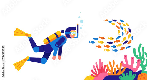 Diver Exploring Underwater World With Fish And Colorful Coral Reefs In The Ocean