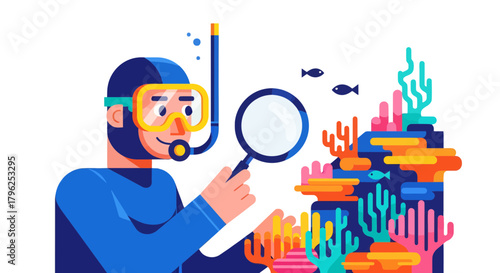 Diver Exploring Underwater World with Magnifying Glass in Artistic Ocean Scene