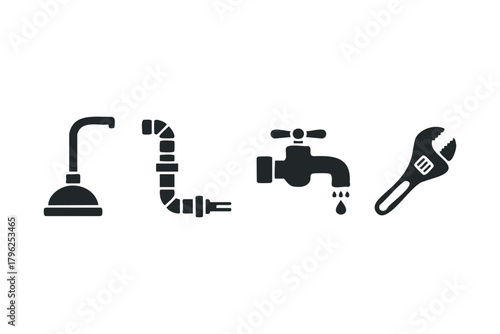 Plumbing icons shower pipe faucet adjustable wrench