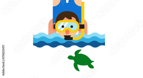 Diver Observing Sea Turtle Beneath The Surface in Vector Illustration Style