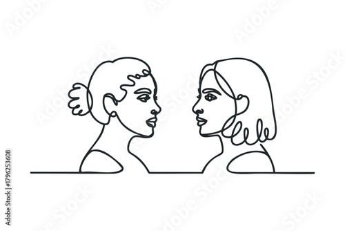 Two women facing each other with a single line drawing