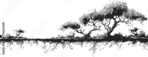 Tree silhouette sketch, hand drawn black and white landscape with roots — stock vector