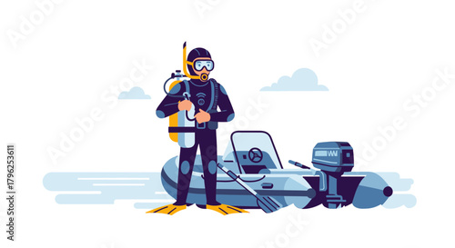 Diver Standing by the Boat with Equipment, Ready for Underwater Exploration