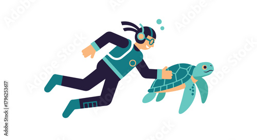 Diver Swimming Alongside A Turtle, Exploring The Underwater World Beautifully Displayed