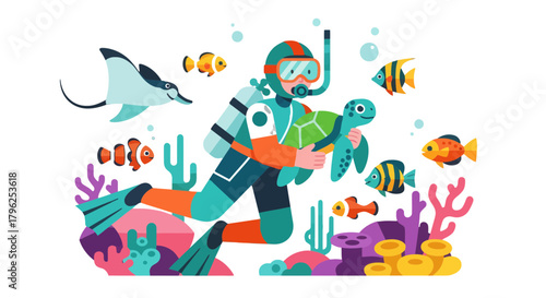 Diver Swimming And Exploring Underwater World With Exotic Marine Life And Turtle