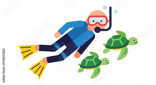 Diver Swimming Among Sea Turtles In The Deep Blue Ocean With Snorkeling Gear