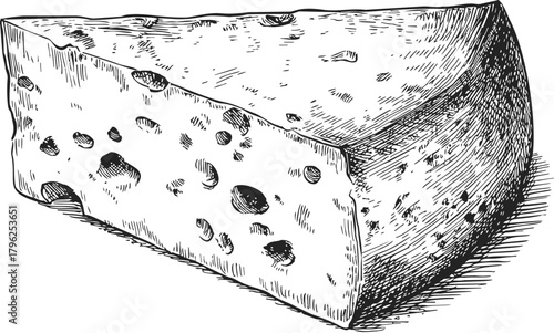 Cheese wedge sketch, hand drawn style, detailed texture and holes — stock vector