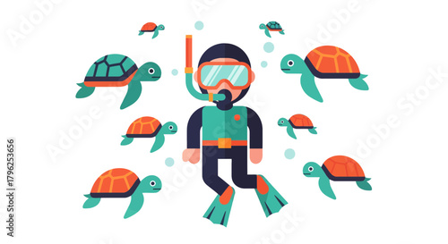 Diver Swimming And Interacting With Turtles In Deep Water Or Underwater Environment