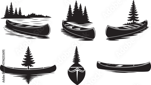 Canoe and forest elements on lake in vintage style for camping adventures