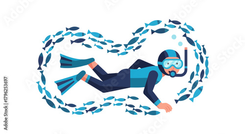 Diver Swimming Through School Of Fish Depicted In Marine Life Illustration