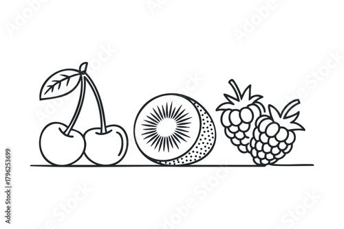 Line art drawing of cherries, kiwi fruit slice, and raspberries