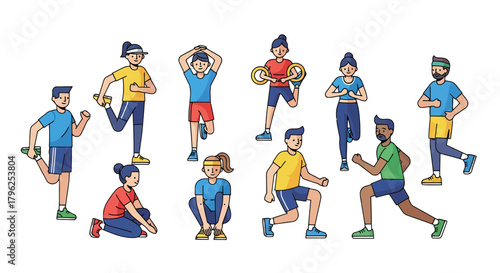 Diverse Group Engaging In Fitness Activities Against A Black Background Exercise Illustrations