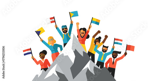 Diverse Group Displaying Success and Triumph Upon Reaching Mountain Summit