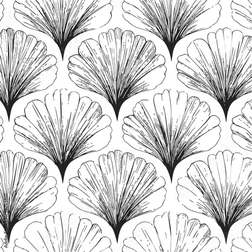Sea shell seamless pattern sketch hand drawn black and white marine background — stock vector