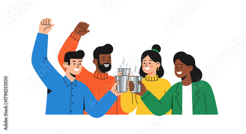 Diverse Group Enjoying Celebration With Raised Arms and Exchanged Beverages in Hand