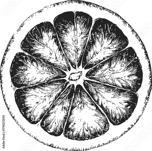 Orange slice sketch hand drawn detailed citrus fruit cross section — stock vector