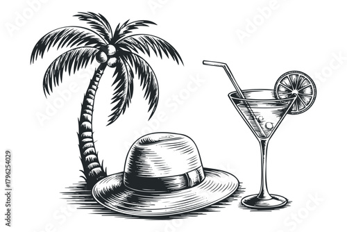 Tropical vacation scene with palm tree hat and cocktail