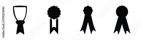 Set of four distinct black achievement badges and ribbons celebrating victory and recognition