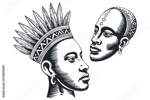Two Black people tribal headdresses striking poses