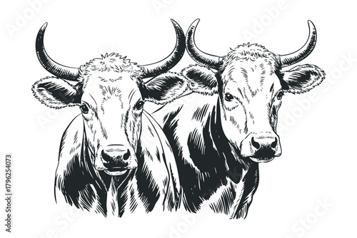 Pair of Cattle Heads with Large Curved Horns