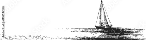 Sailboat sketch hand drawn on calm sea with detailed water reflections — stock vector