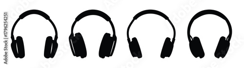 Four black over ear headphones arranged in a row for gaming and audio enjoyment