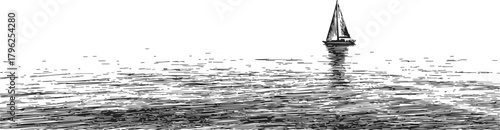 Sailboat sketch hand drawn on calm sea with horizon reflection — stock vector