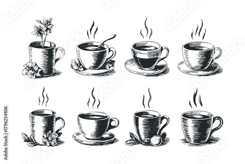 Collection of sketch style coffee cups with steam and floral decorations