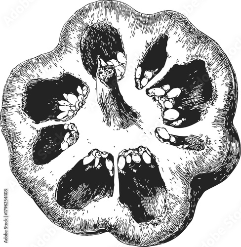 Bell pepper cross section sketch, hand drawn style with seeds and textured details — stock vector