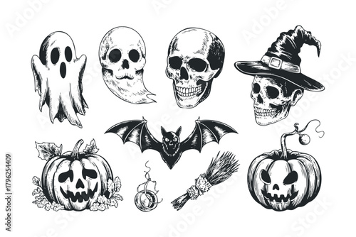 Collection of vintage Halloween symbols including skulls, ghosts, and pumpkins