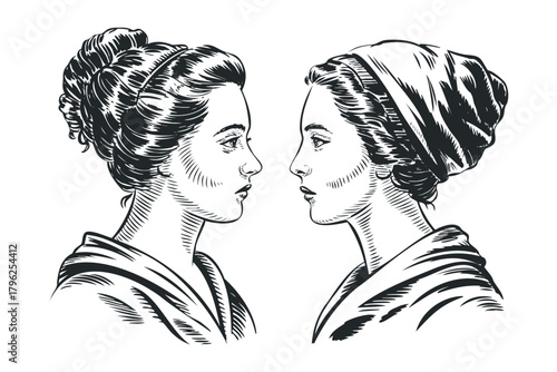Two profile portraits of women in vintage style