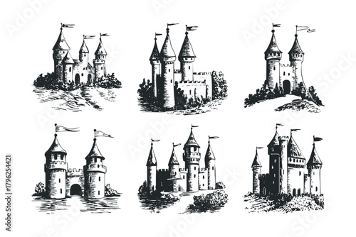 Six Hand Drawn Fairytale Castles and Fortresses
