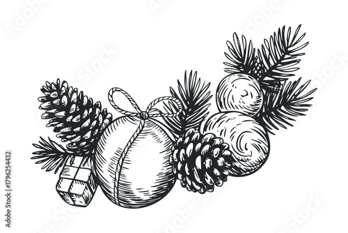 Christmas fir branch with pine cones and bauble