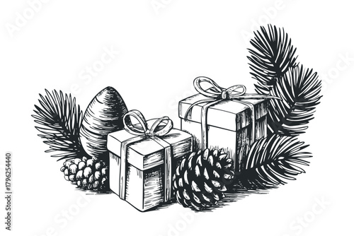 Christmas presents tied with ribbon amidst pine branches and cones