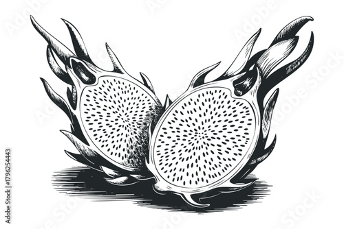 Dragon fruit cut in half, sketched style